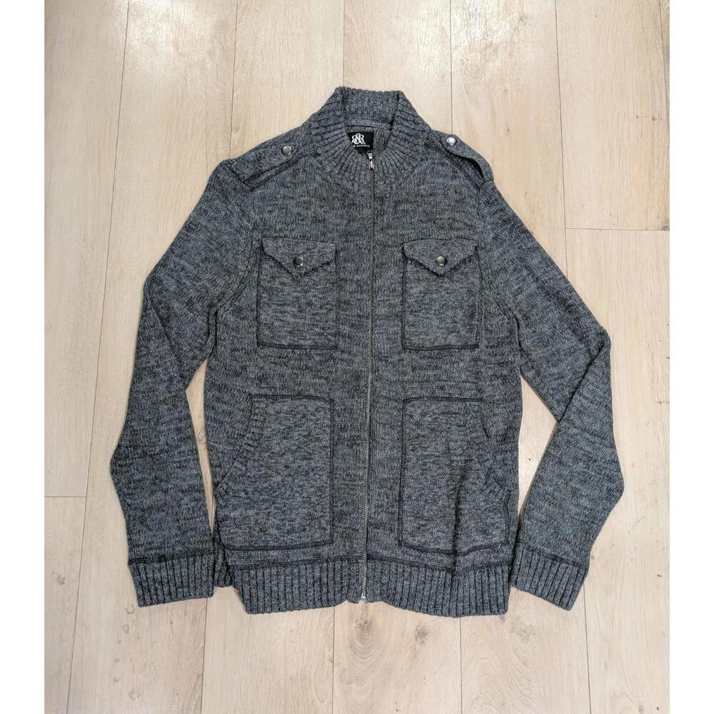 Mens Rock & Republic Gray Long Sleeve Full Zip Up 4 Pocket Sweater Jacket Size S